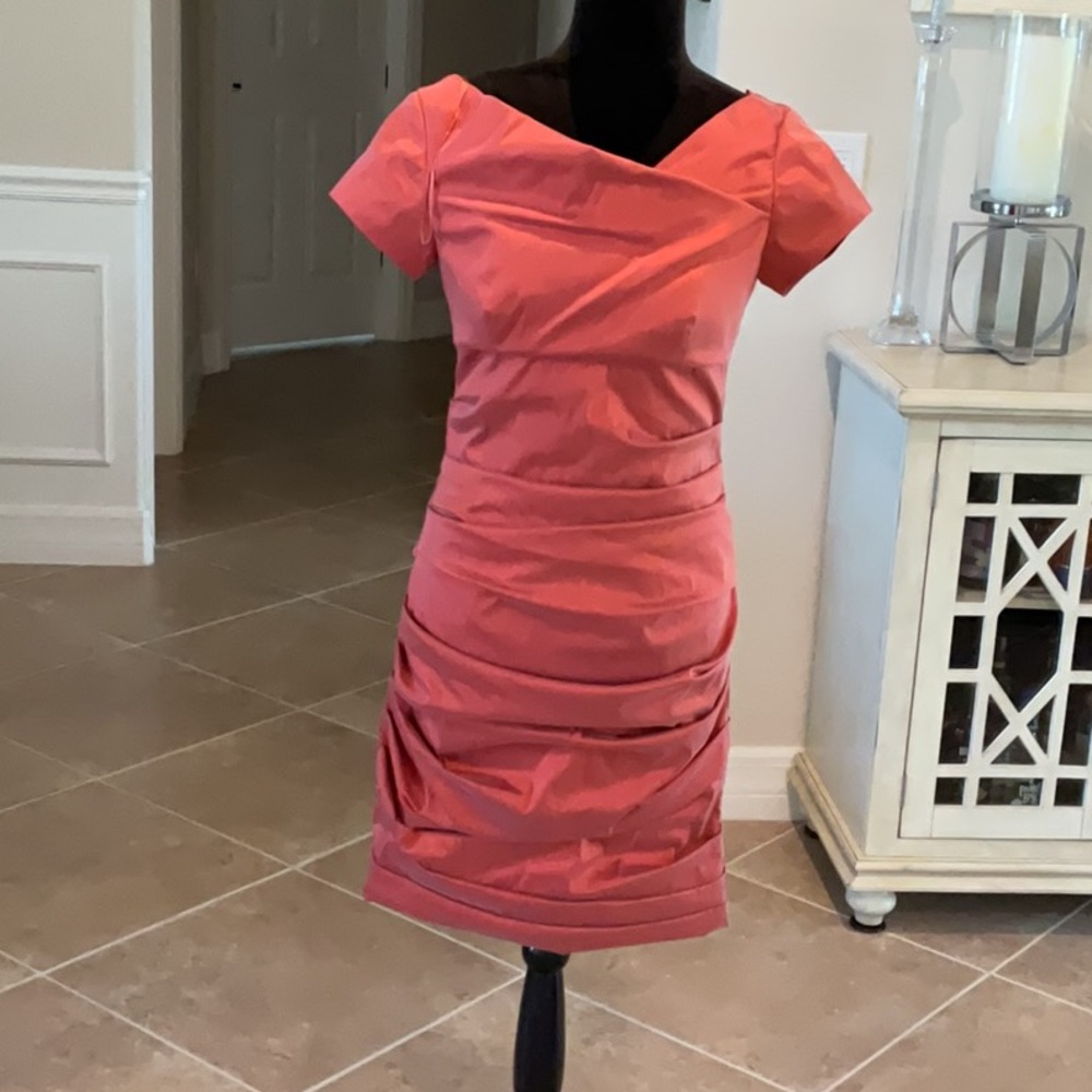 THEIA ruched terra cotta color dress, back zip, see pics of inside, size 6